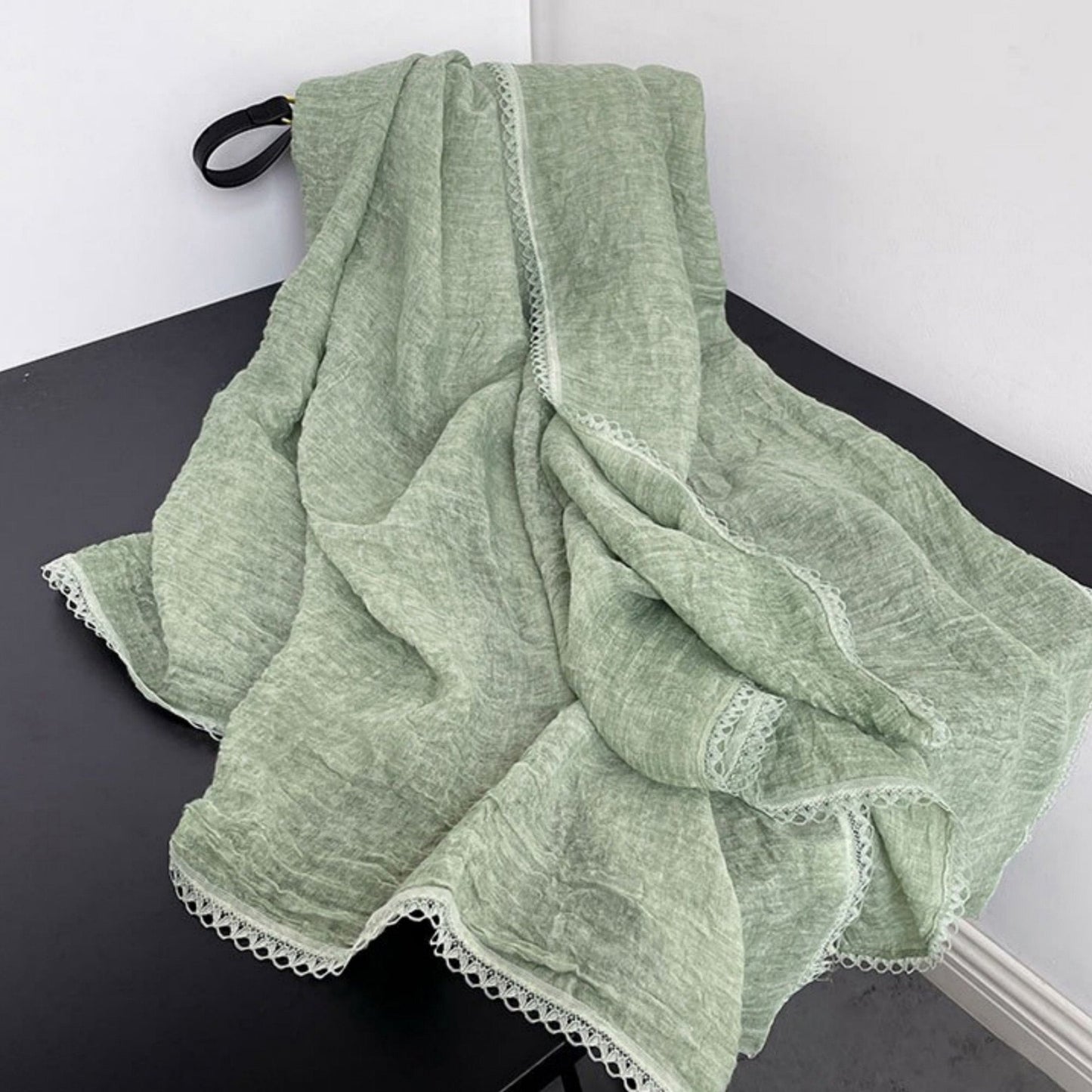 Anna-Kaci Women's Lightweight Crinkled Wrap Scarf with Delicate Lace Trim Edges