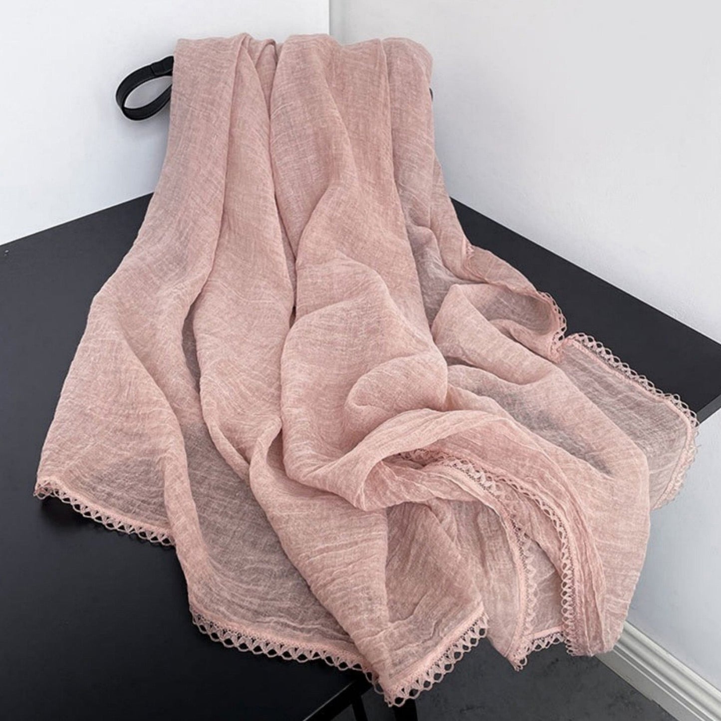 Anna-Kaci Women's Lightweight Crinkled Wrap Scarf with Delicate Lace Trim Edges