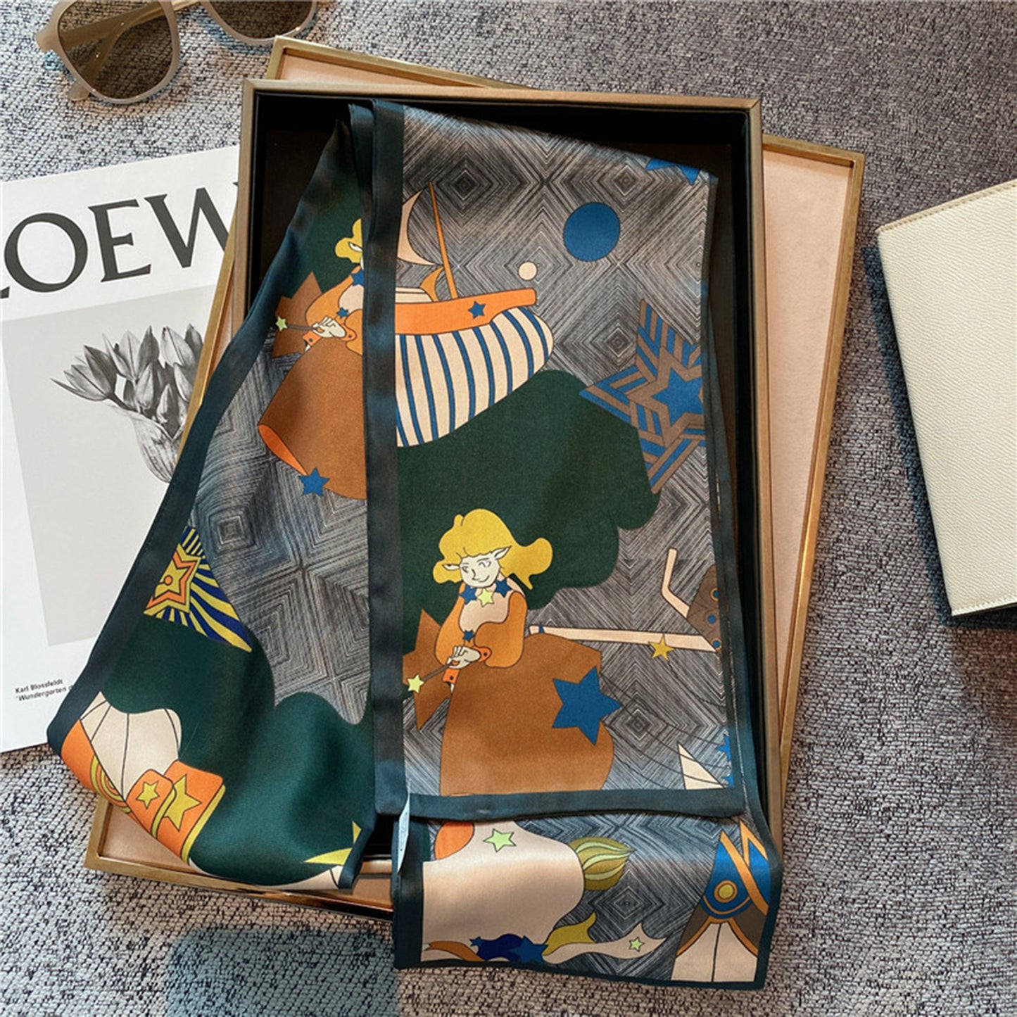 Anna-Kaci Women's Silky Rectangular Neck Scarf with Abstract Print Border Design for Versatile Styling