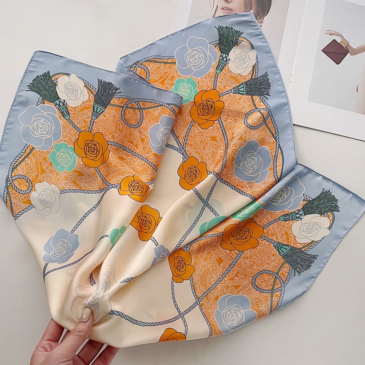 Anna-Kaci Women's Silky Square Scarf with Floral and Rope Print for Neck Hair or Bag Accessory