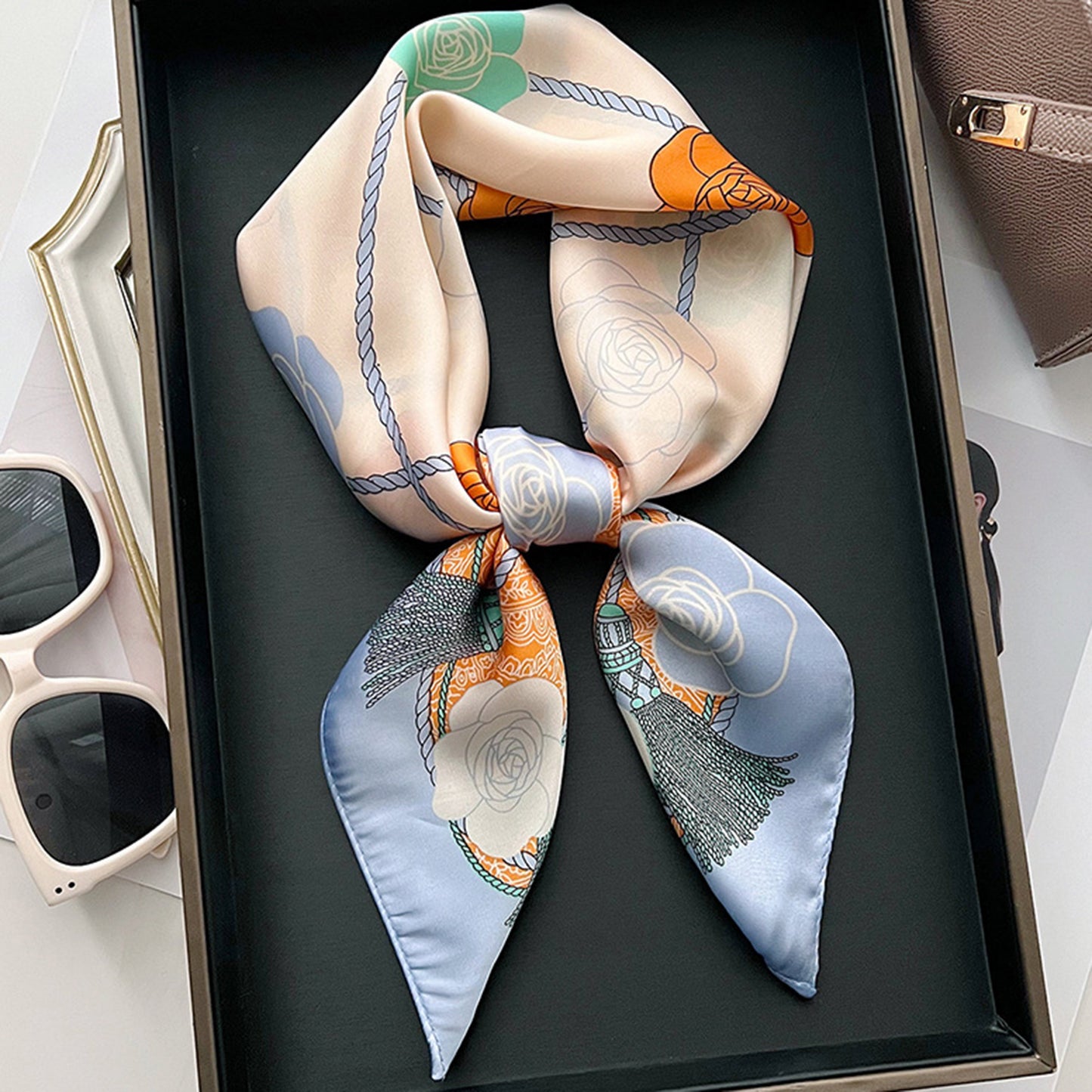 Anna-Kaci Women's Silky Square Scarf with Floral and Rope Print for Neck Hair or Bag Accessory