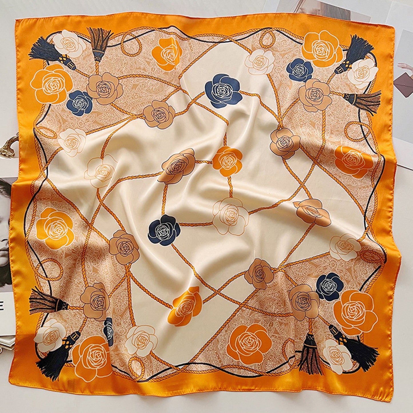 Anna-Kaci Women's Silky Square Scarf with Floral and Rope Print for Neck Hair or Bag Accessory