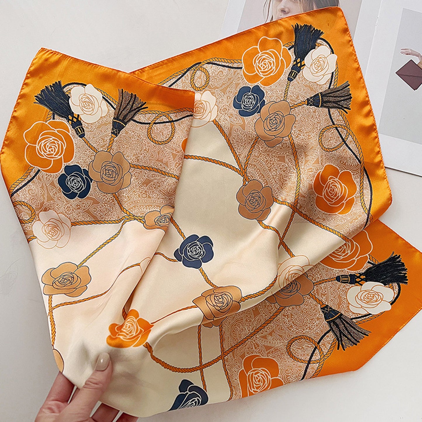 Anna-Kaci Women's Silky Square Scarf with Floral and Rope Print for Neck Hair or Bag Accessory