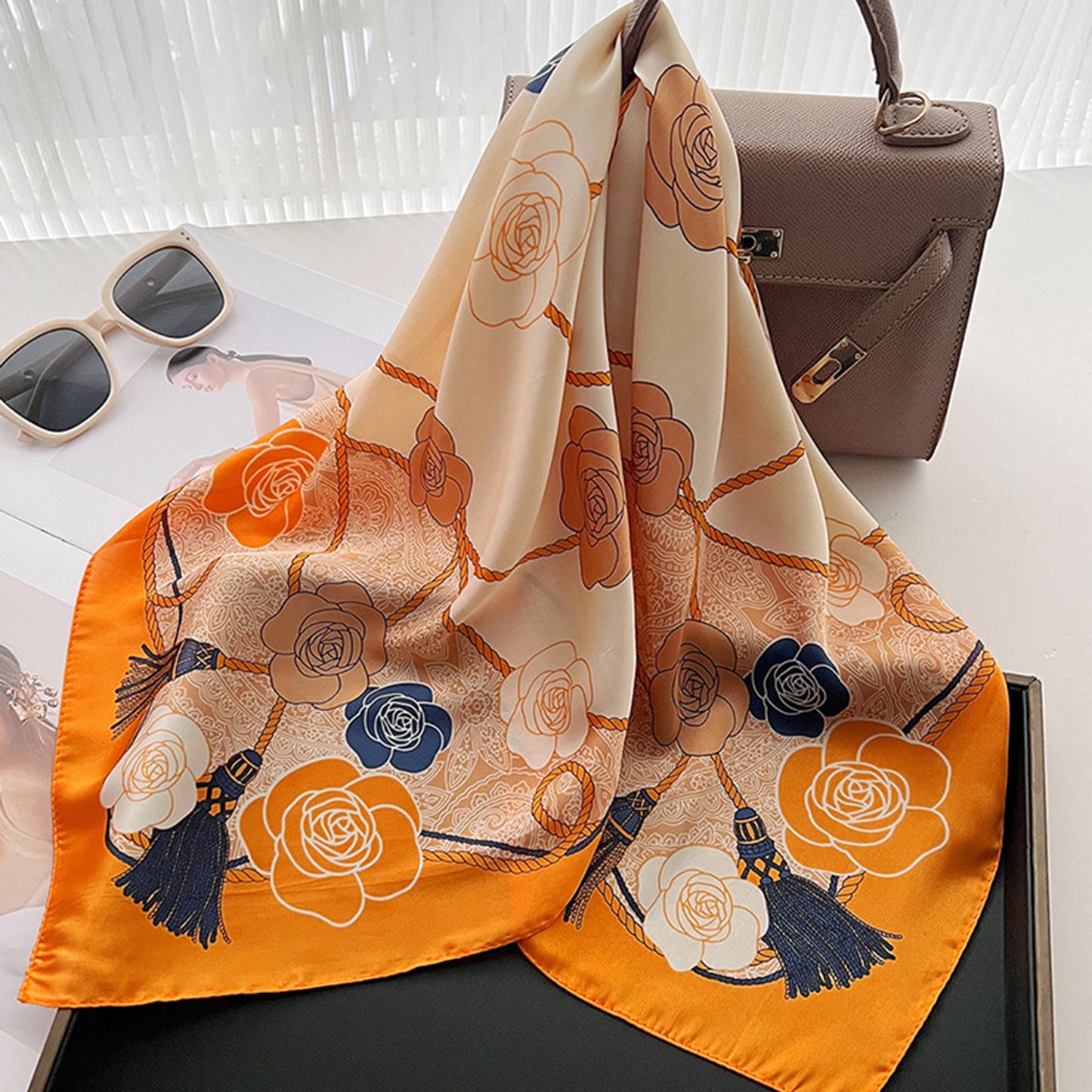 Anna-Kaci Women's Silky Square Scarf with Floral and Rope Print for Neck Hair or Bag Accessory