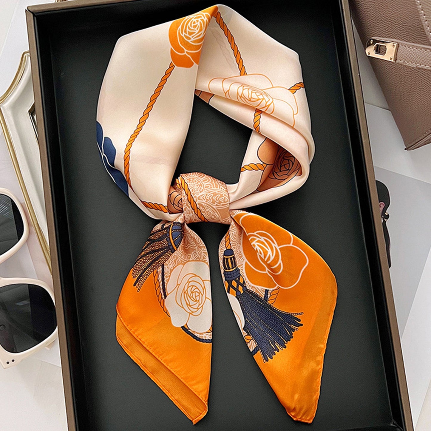 Anna-Kaci Women's Silky Square Scarf with Floral and Rope Print for Neck Hair or Bag Accessory