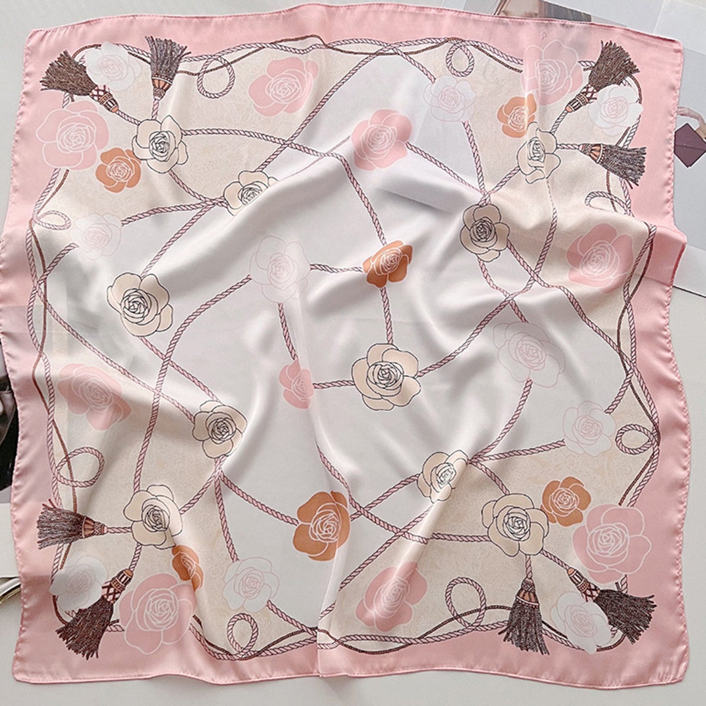 Anna-Kaci Women's Silky Square Scarf with Floral and Rope Print for Neck Hair or Bag Accessory