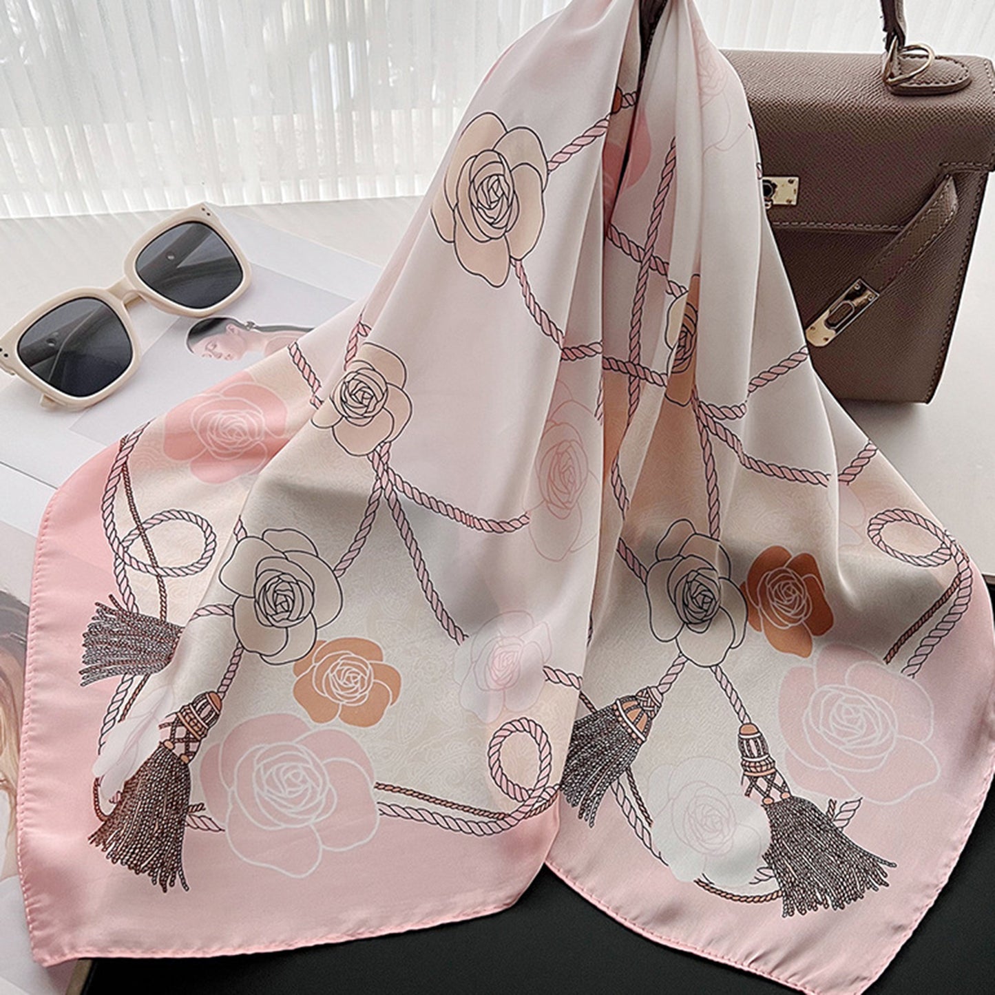 Anna-Kaci Women's Silky Square Scarf with Floral and Rope Print for Neck Hair or Bag Accessory