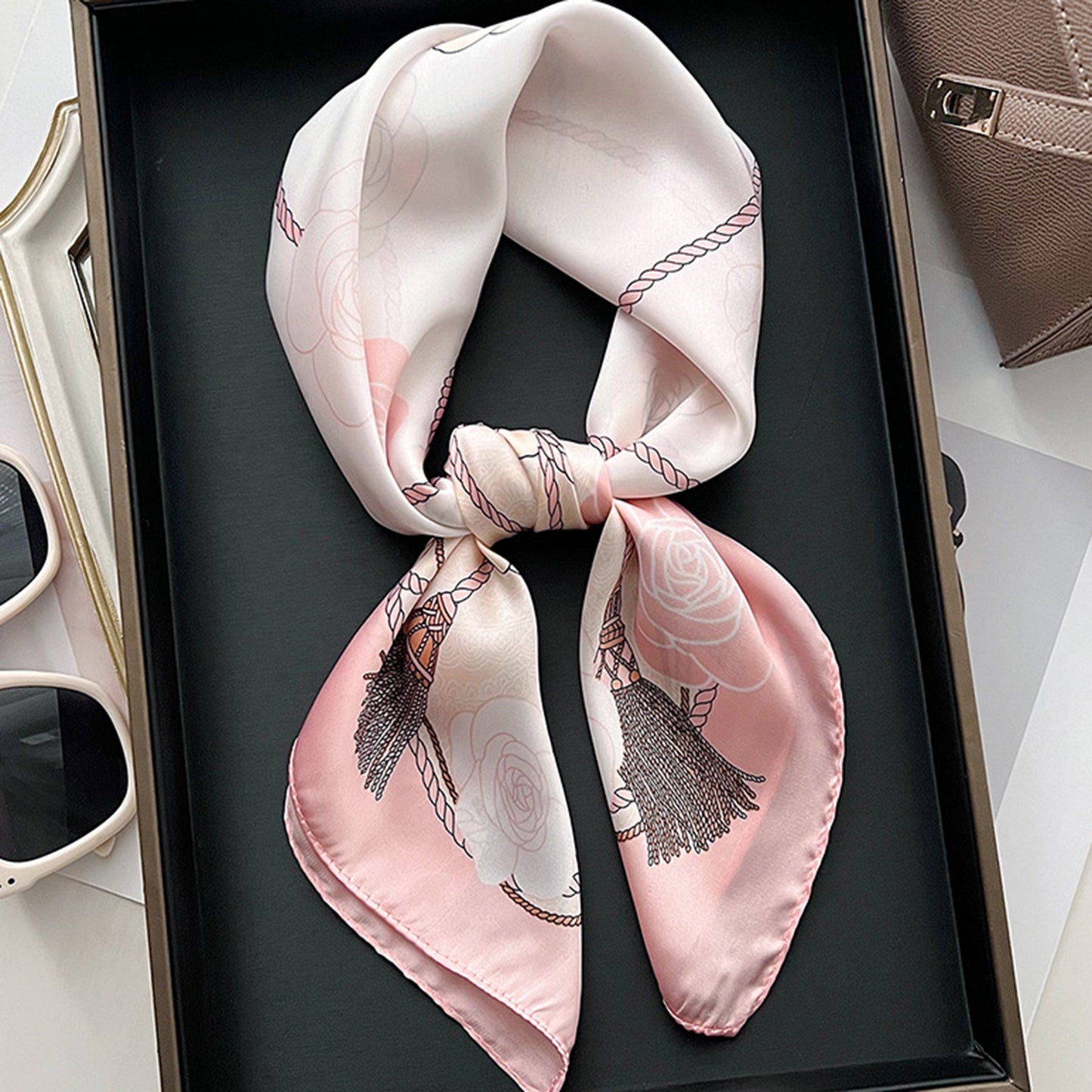 Anna-Kaci Women's Silky Square Scarf with Floral and Rope Print for Neck Hair or Bag Accessory