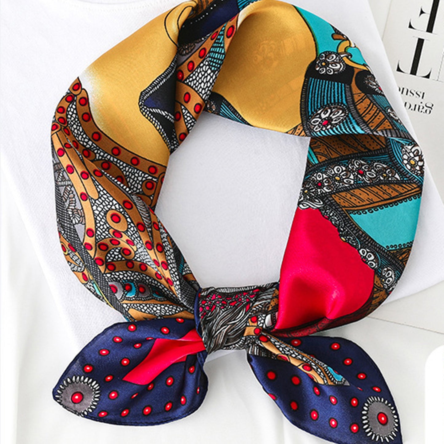 Anna-Kaci Women's Colorful Boho Patterned Satin Scarf with Abstract Print for Neck Hair or Handbag Accent