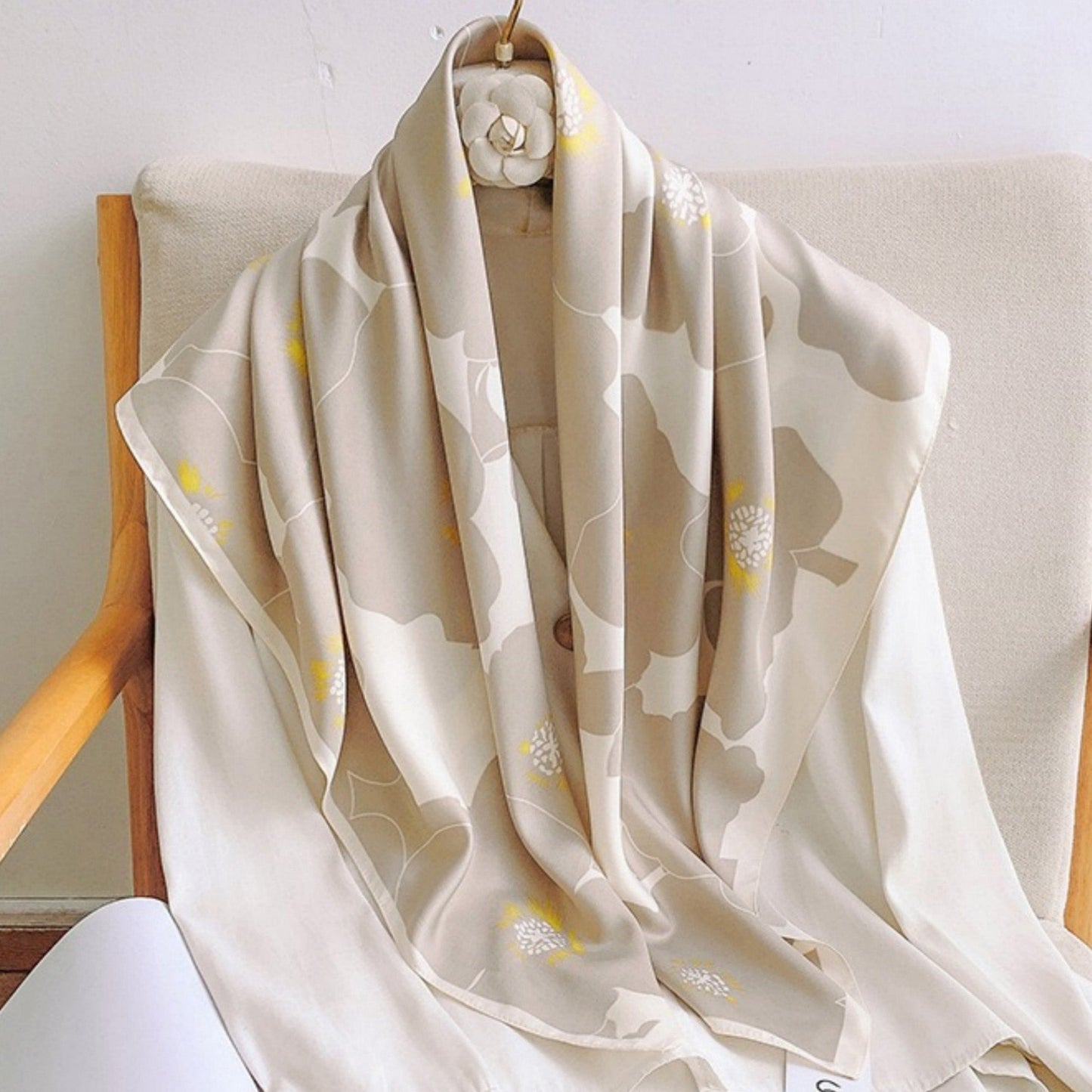 Anna-Kaci Women's Square Floral Print Satin Scarf with Bold Leaf Pattern and Smooth Silky Finish