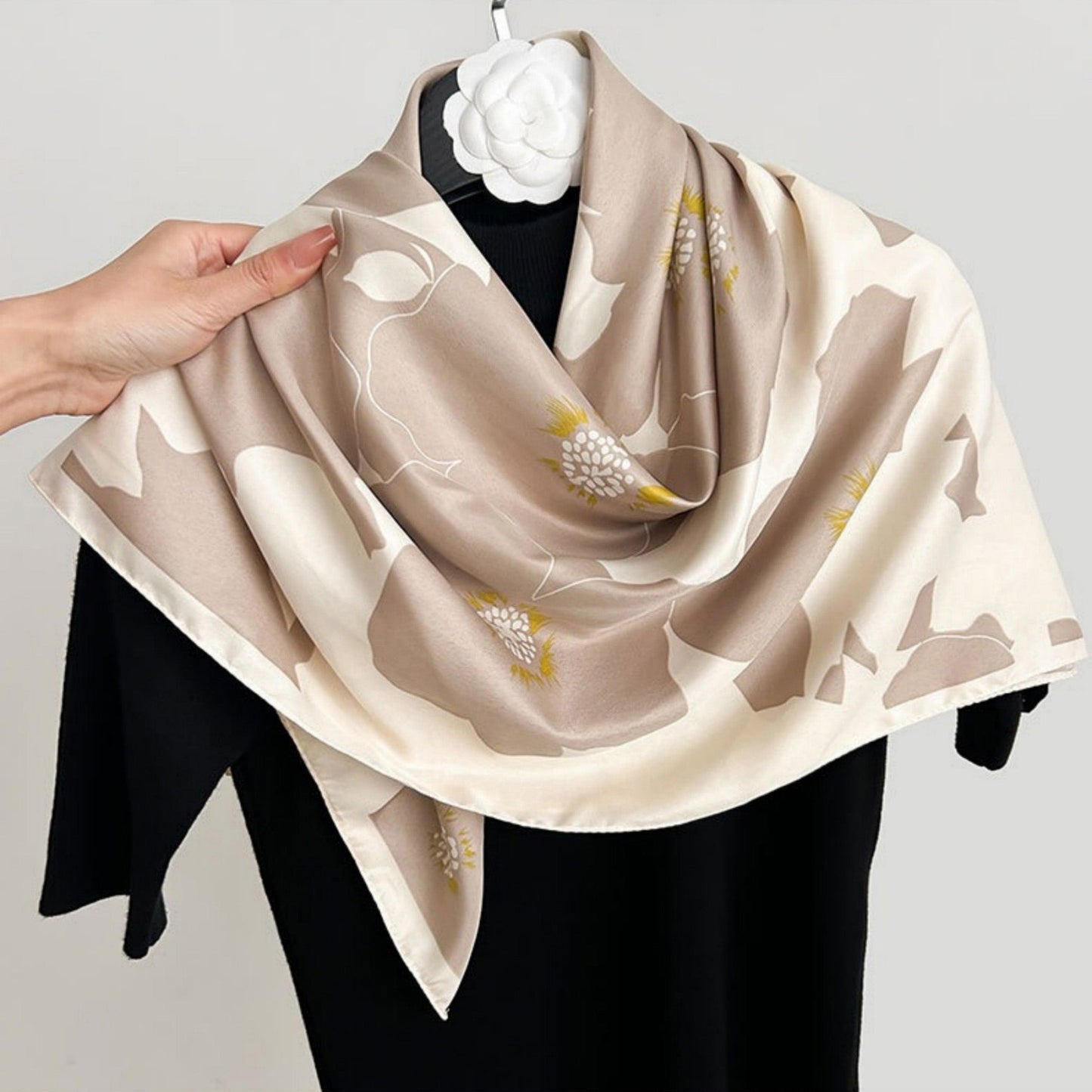 Anna-Kaci Women's Square Floral Print Satin Scarf with Bold Leaf Pattern and Smooth Silky Finish