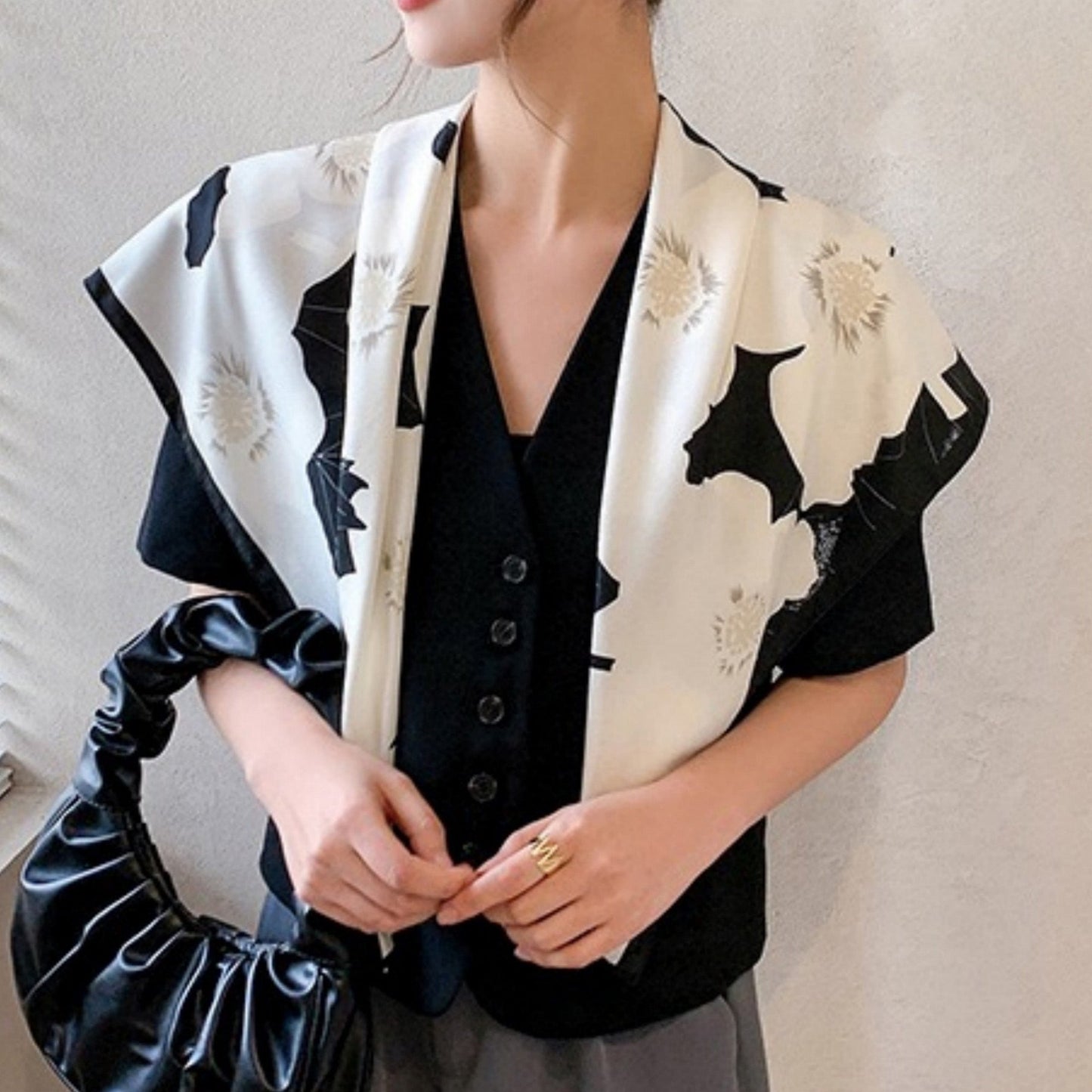 Anna-Kaci Women's Square Floral Print Satin Scarf with Bold Leaf Pattern and Smooth Silky Finish