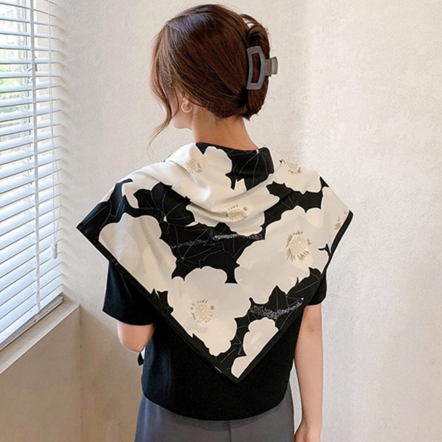 Anna-Kaci Women's Square Floral Print Satin Scarf with Bold Leaf Pattern and Smooth Silky Finish