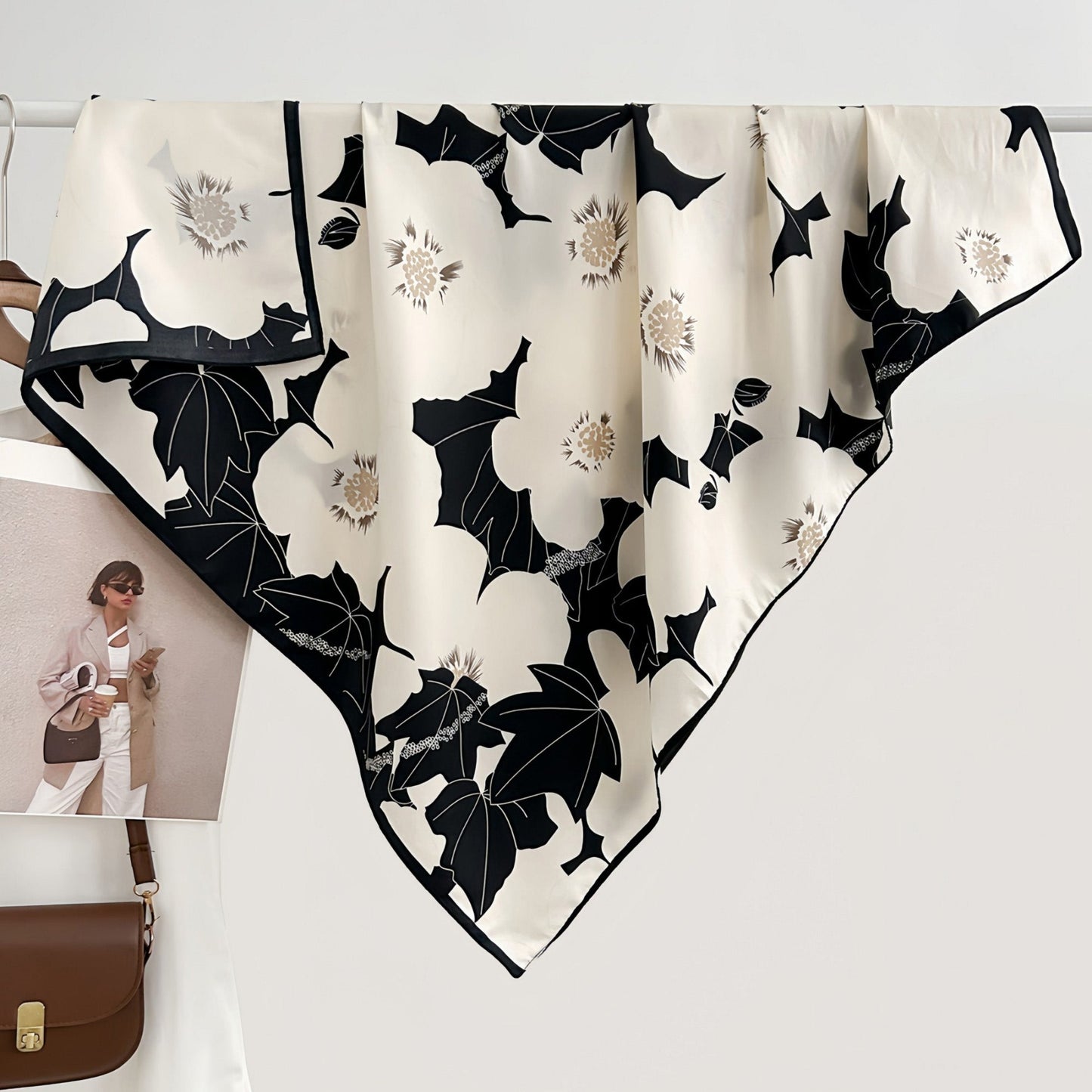 Anna-Kaci Women's Square Floral Print Satin Scarf with Bold Leaf Pattern and Smooth Silky Finish