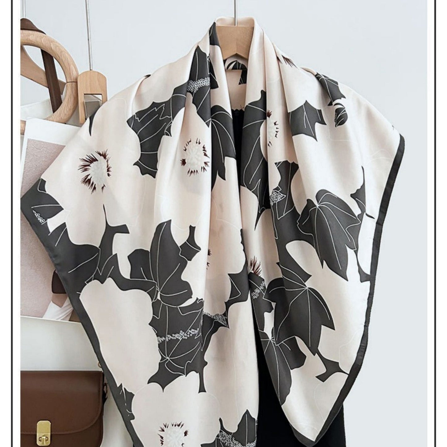 Anna-Kaci Women's Square Floral Print Satin Scarf with Bold Leaf Pattern and Smooth Silky Finish