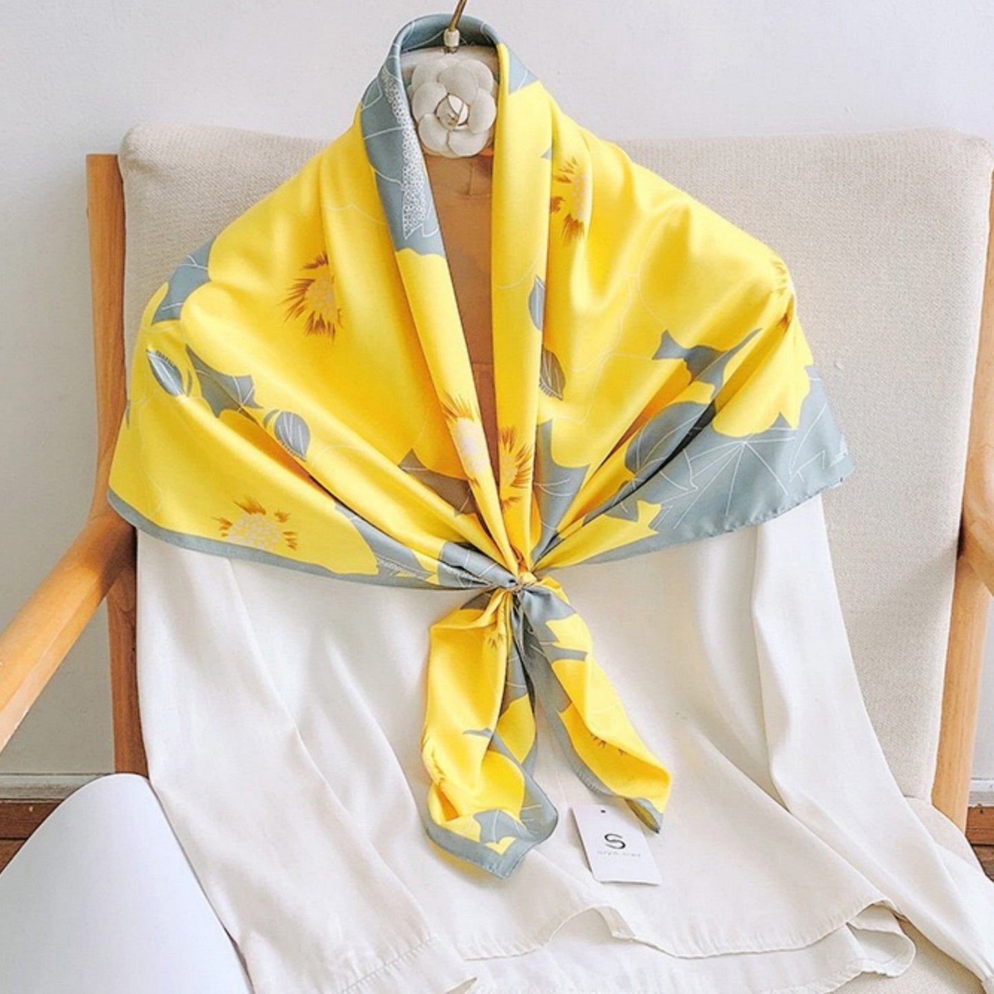 Anna-Kaci Women's Square Floral Print Satin Scarf with Bold Leaf Pattern and Smooth Silky Finish