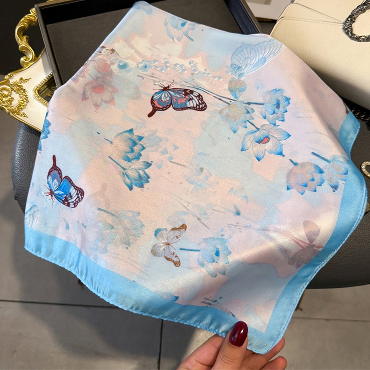 Anna-Kaci Women's Satin Square Scarf with Butterfly and Floral Print Lightweight Silky Neck Head or Bag Accessory