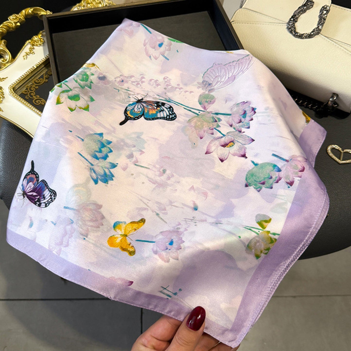 Anna-Kaci Women's Satin Square Scarf with Butterfly and Floral Print Lightweight Silky Neck Head or Bag Accessory