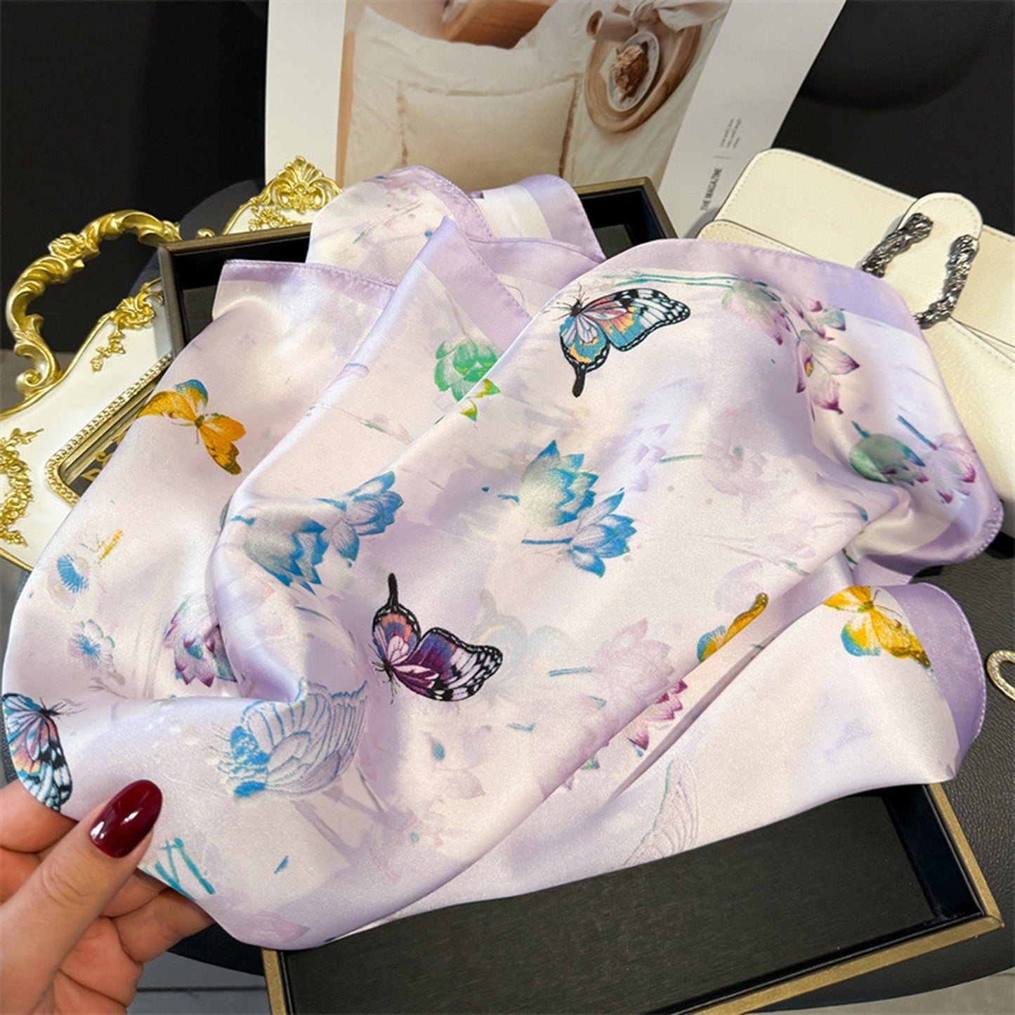 Anna-Kaci Women's Satin Square Scarf with Butterfly and Floral Print Lightweight Silky Neck Head or Bag Accessory