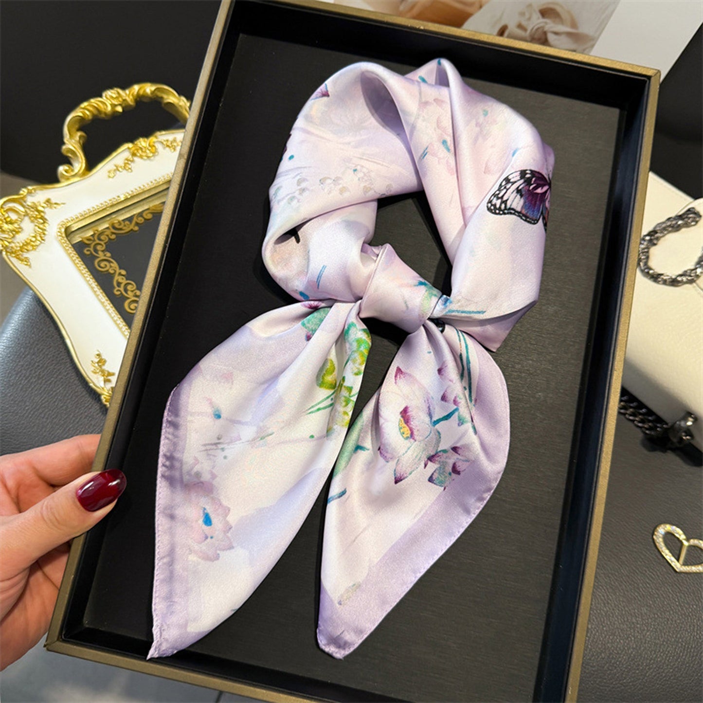 Anna-Kaci Women's Satin Square Scarf with Butterfly and Floral Print Lightweight Silky Neck Head or Bag Accessory