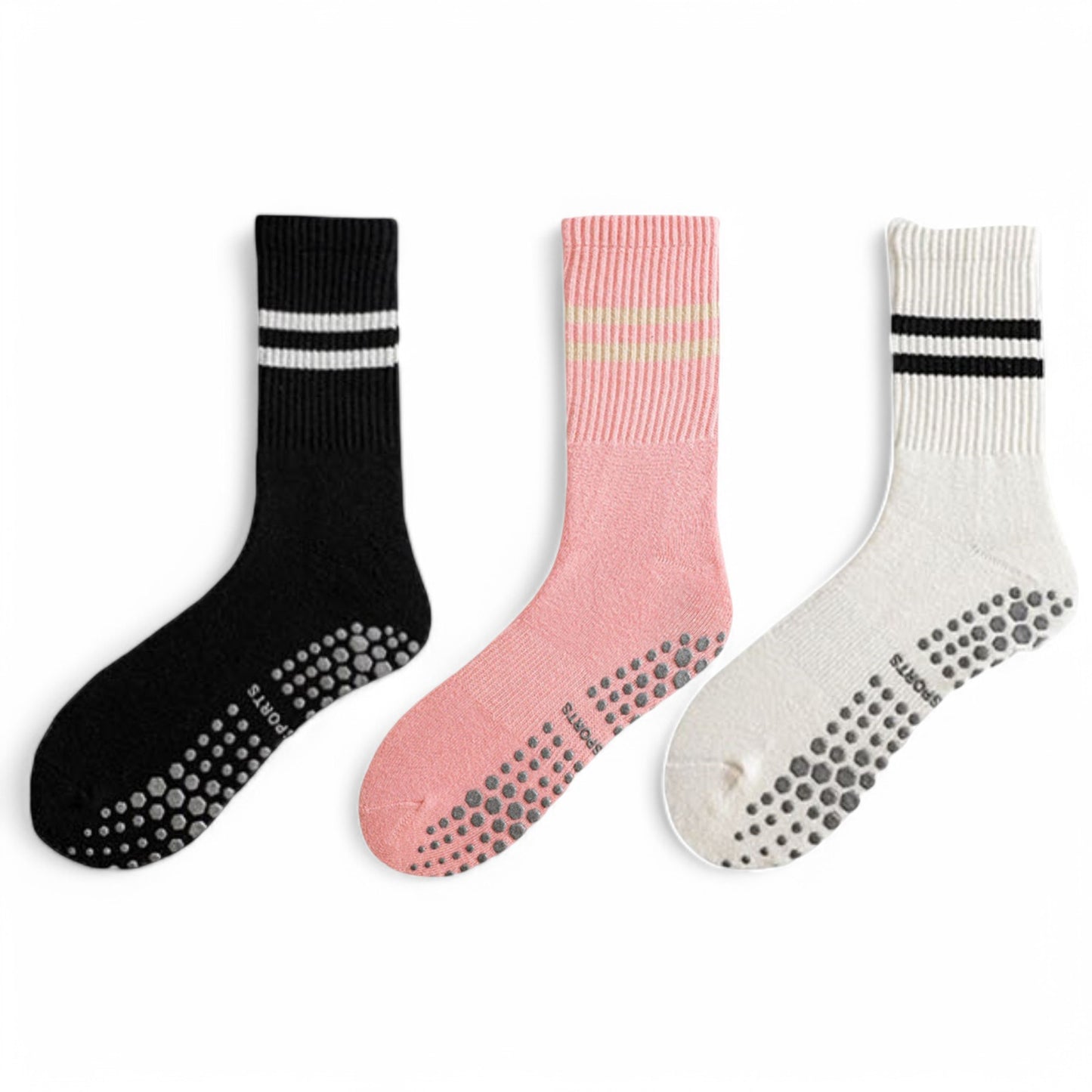 Alilang Women's 3-Pack Non-Slip Athletic Crew Socks with Striped Detail and Cushioned Support - One Size Fits Most