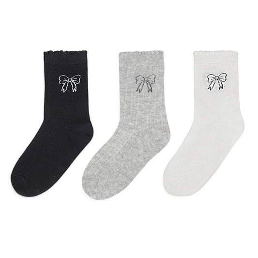 Women's 3-Pack Bow Embroidery Crew Socks with Scalloped Trim and Soft Knit Fabric
