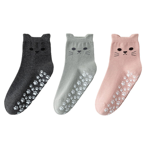 Anna-Kaci Women's Cat Face Grip Socks with Paw Print Anti-Slip Sole Soft Knit Ankle Socks for Home or Yoga 3-Pack