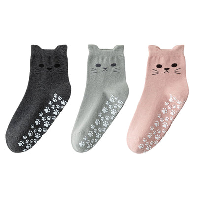 Anna-Kaci Women's Cat Face Grip Socks with Paw Print Anti-Slip Sole Soft Knit Ankle Socks for Home or Yoga 3-Pack