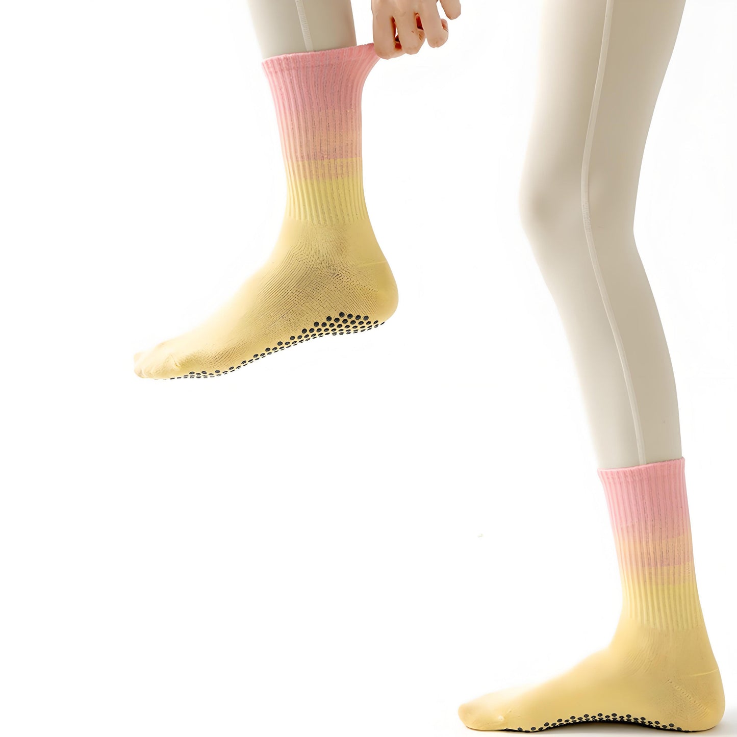 Anna-Kaci 2 Pairs Gradient Ribbed Crew Socks with Non-Slip Grip Bottom for Indoor or Studio Use