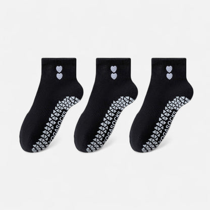 Anna-Kaci Women's Grip Ankle Socks 3-Pack with Heart Embroidery and Anti-Slip Soles for Yoga and Indoor Use