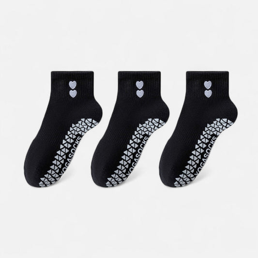 Anna-Kaci Women's Grip Ankle Socks 3-Pack with Heart Embroidery and Anti-Slip Soles for Yoga and Indoor Use