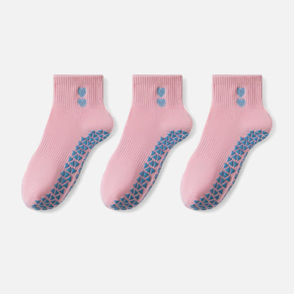 Anna-Kaci Women's Grip Ankle Socks 3-Pack with Heart Embroidery and Anti-Slip Soles for Yoga and Indoor Use