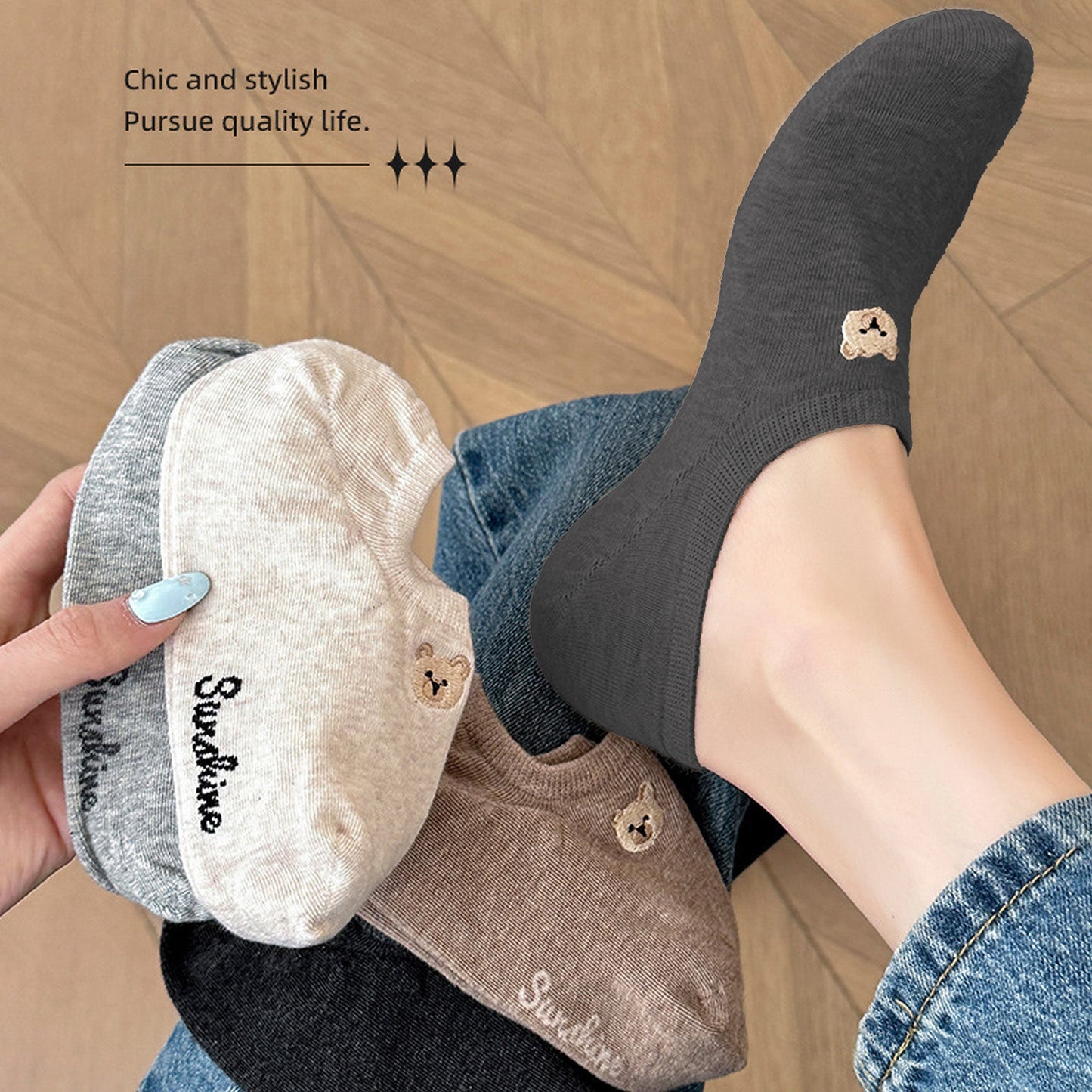 Anna-Kaci Women's 6pk Cute Bear Embroidered No-Show Socks