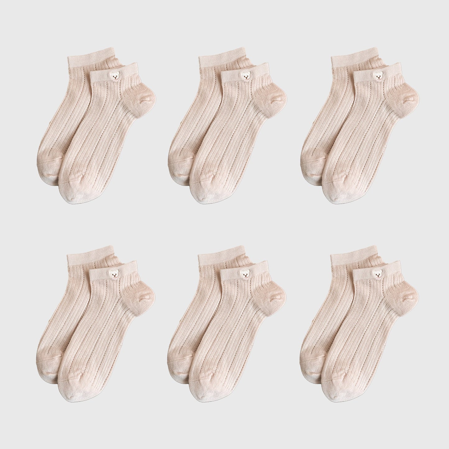 Anna-Kaci Cute Bear-Embroidered Striped Ankle Socks 6Pk