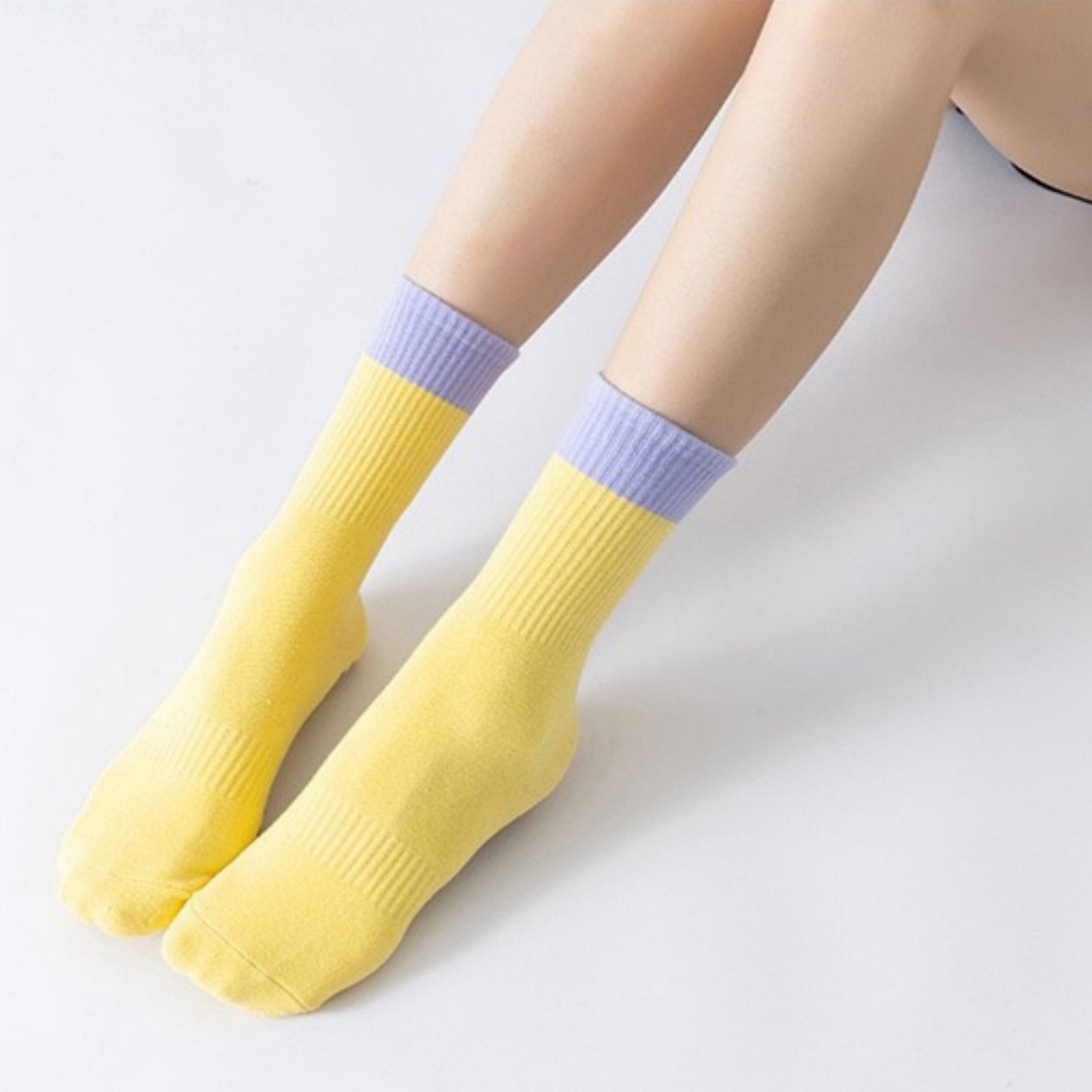 Anna-Kaci Women's Crew Grip Socks 2-Pack with Contrast Cuffs and Raised Textured Soles for Indoor Comfort