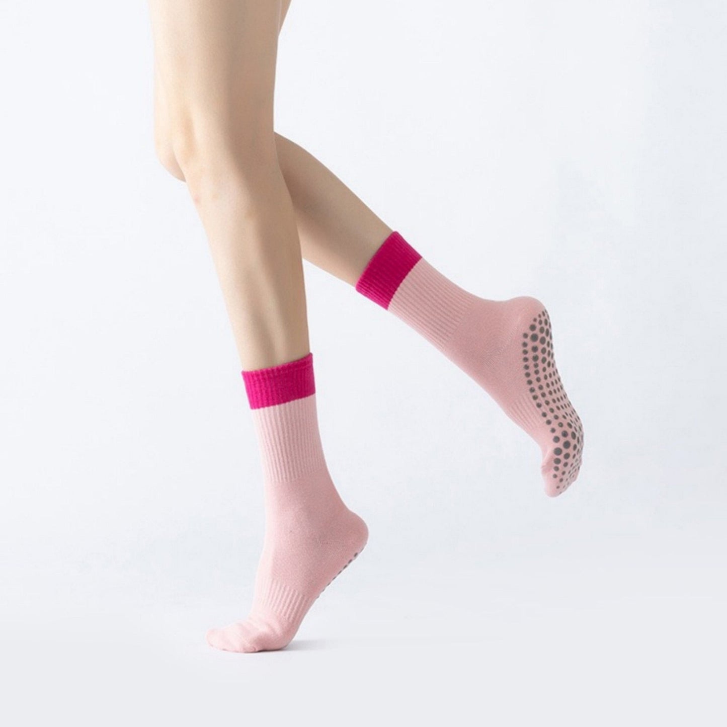 Anna-Kaci Women's Crew Grip Socks 2-Pack with Contrast Cuffs and Raised Textured Soles for Indoor Comfort