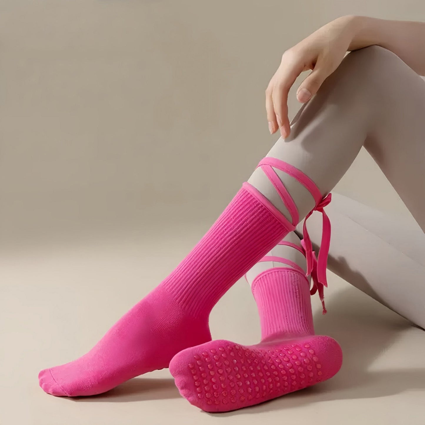 Anna-Kaci Women's 2-Pack Over-the-Calf Grip Socks with Ribbon Tie and Non-Slip Sole for Barre Pilates Yoga