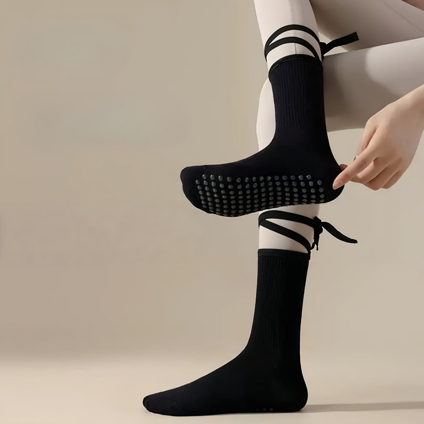 Anna-Kaci Women's 2-Pack Over-the-Calf Grip Socks with Ribbon Tie and Non-Slip Sole for Barre Pilates Yoga