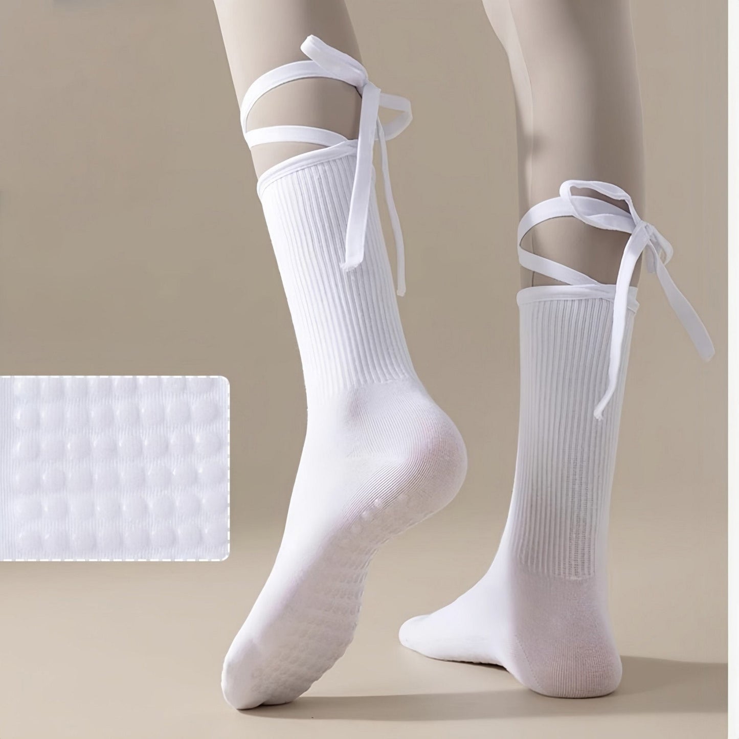 Anna-Kaci Women's 2-Pack Over-the-Calf Grip Socks with Ribbon Tie and Non-Slip Sole for Barre Pilates Yoga