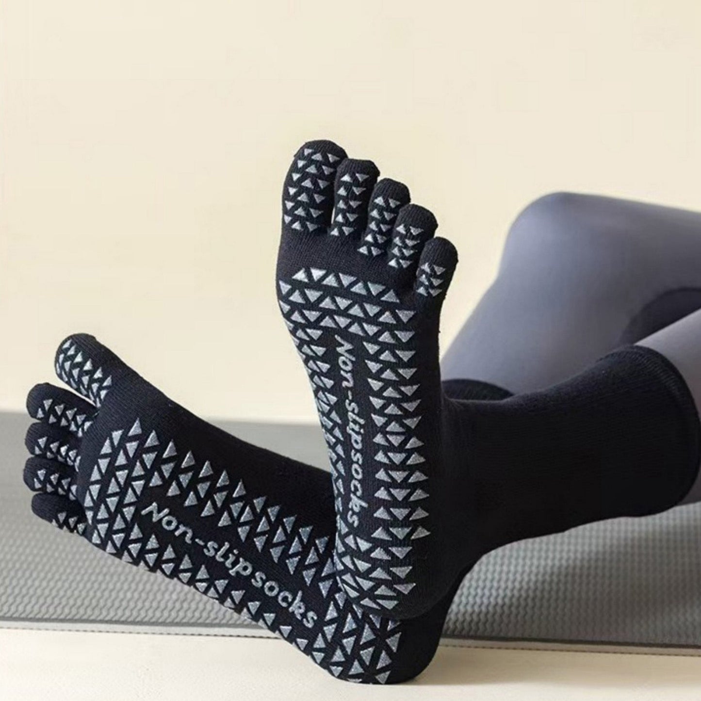 Anna-Kaci Women's 2-Pack Grip Toe Socks with Non-Slip Soles and Ribbed Knit in Neutral Tones for Yoga and Studio Classes