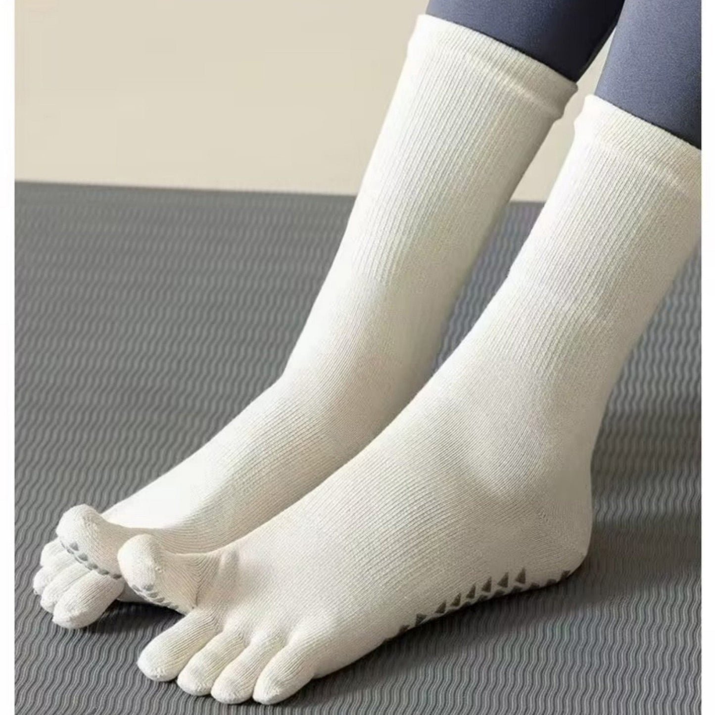 Anna-Kaci Women's 2-Pack Grip Toe Socks with Non-Slip Soles and Ribbed Knit in Neutral Tones for Yoga and Studio Classes