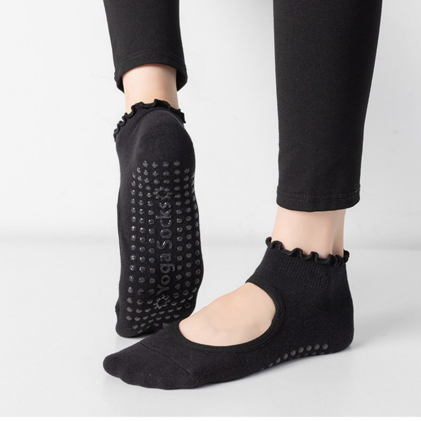 Anna-Kaci Women's 3-Pack Non-Slip Ballet Cut Ankle Socks with Ruffled Trim and Grip Soles for Yoga or Daily Wear