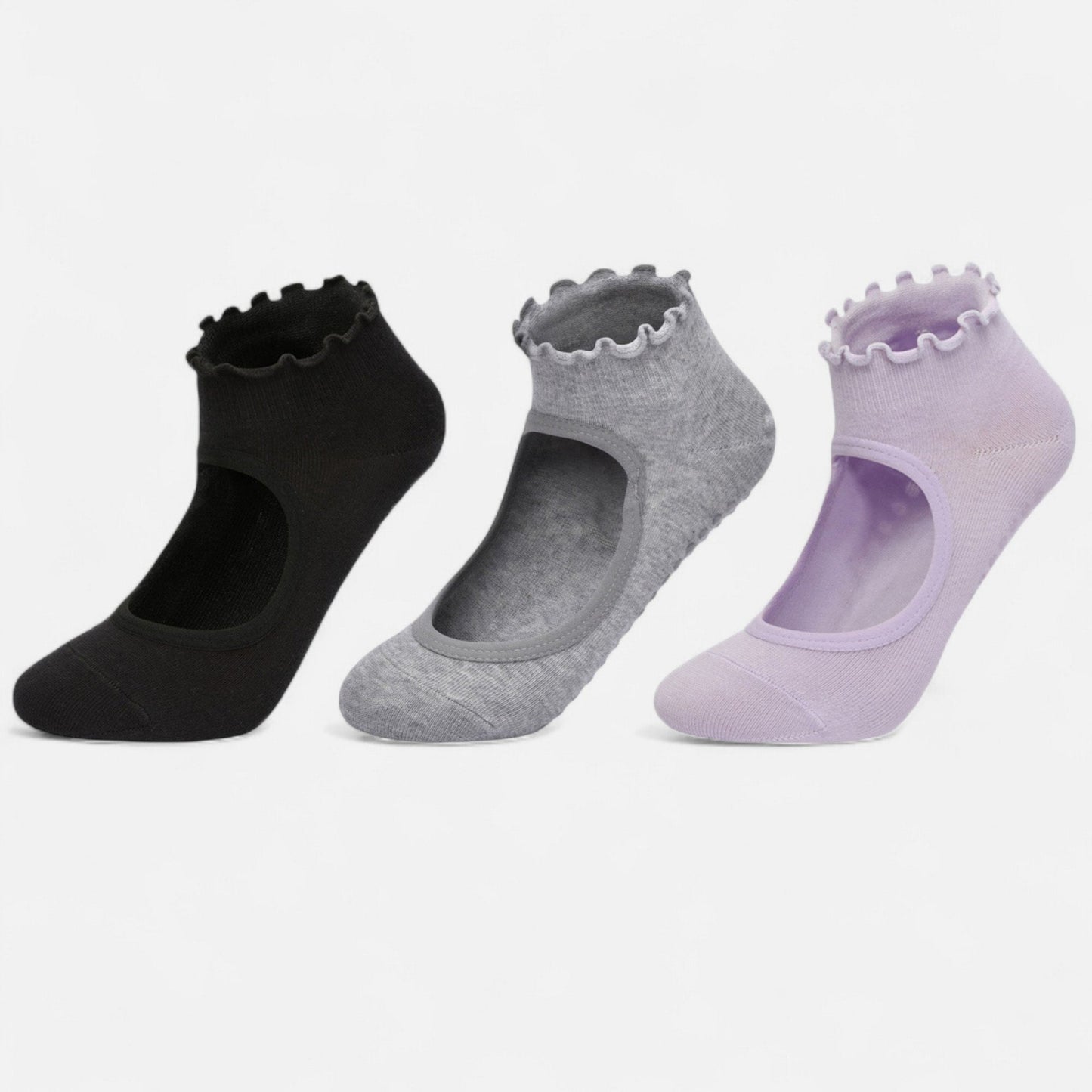 Anna-Kaci Women's 3-Pack Non-Slip Ballet Cut Ankle Socks with Ruffled Trim and Grip Soles for Yoga or Daily Wear