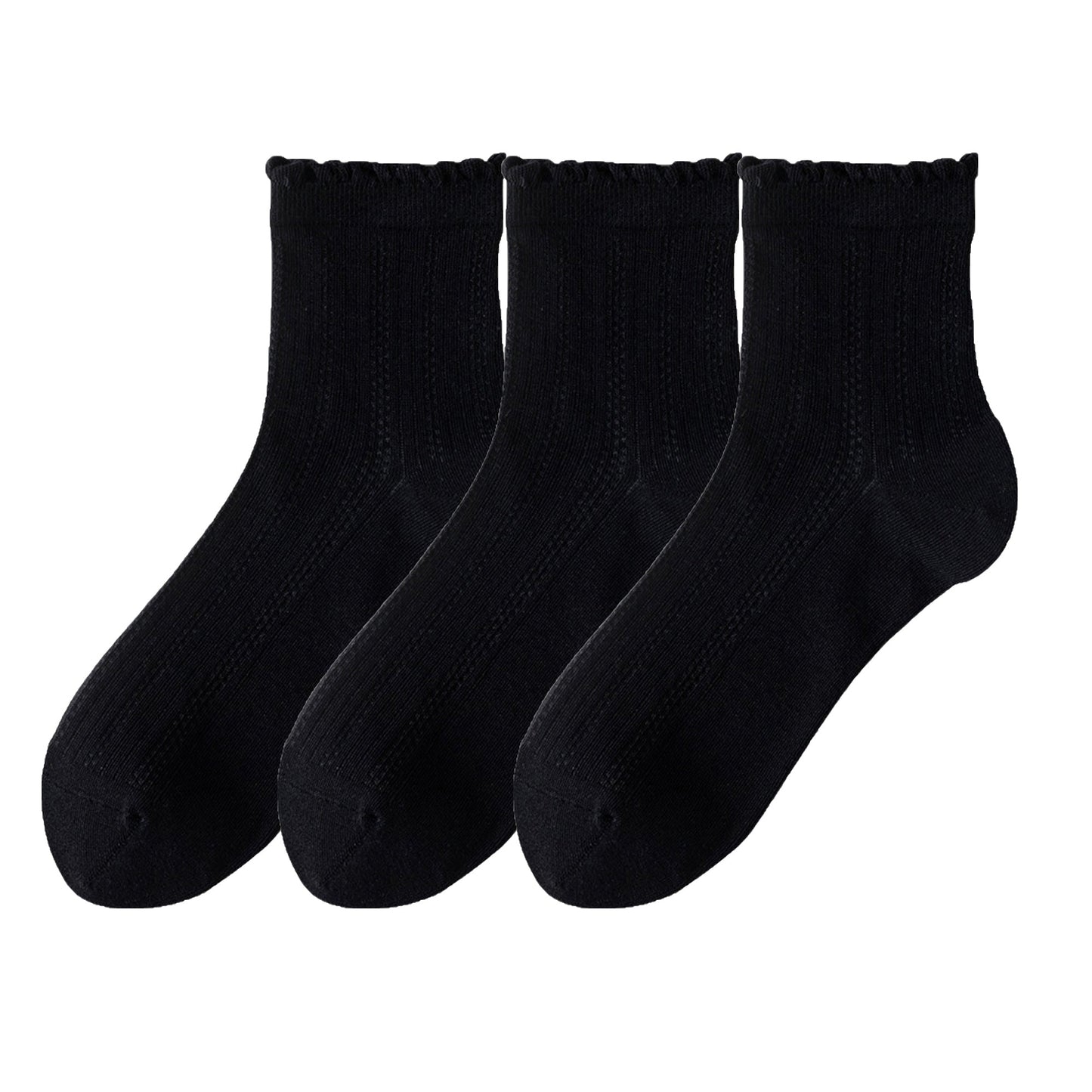 Anna-Kaci 3 Pairs Women's Ruffle Trim Crew Socks Soft Cotton Knit Lightweight Ribbed Texture with Scalloped Edge for Everyday Wear