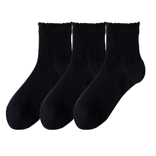 Anna-Kaci 3 Pairs Women's Ruffle Trim Crew Socks Soft Cotton Knit Lightweight Ribbed Texture with Scalloped Edge for Everyday Wear