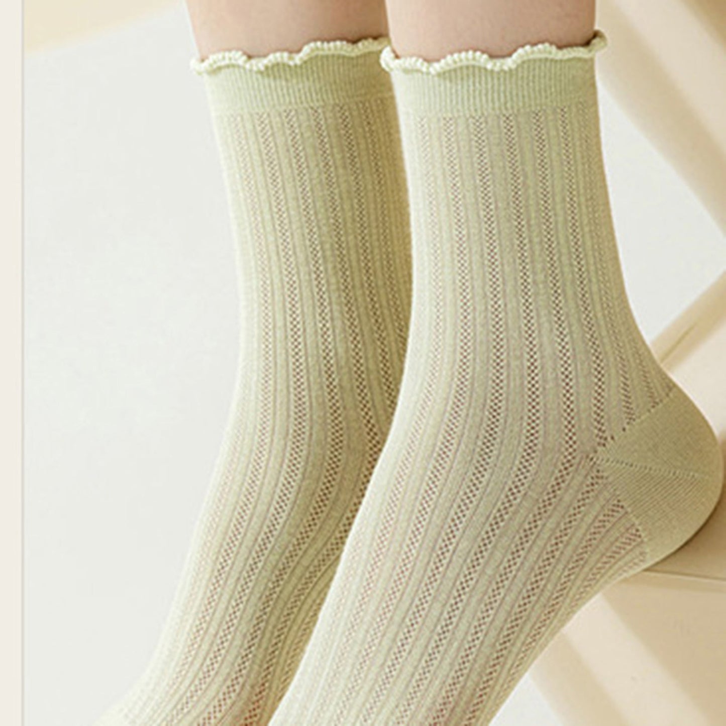 Anna-Kaci 3 Pairs Women's Ruffle Trim Crew Socks Soft Cotton Knit Lightweight Ribbed Texture with Scalloped Edge for Everyday Wear