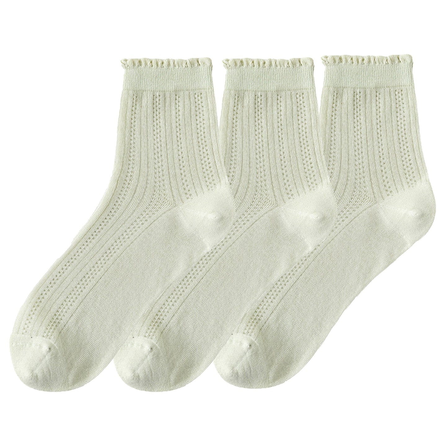 Anna-Kaci 3 Pairs Women's Ruffle Trim Crew Socks Soft Cotton Knit Lightweight Ribbed Texture with Scalloped Edge for Everyday Wear