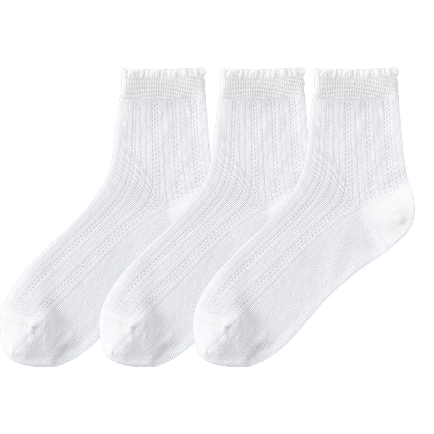 Anna-Kaci 3 Pairs Women's Ruffle Trim Crew Socks Soft Cotton Knit Lightweight Ribbed Texture with Scalloped Edge for Everyday Wear
