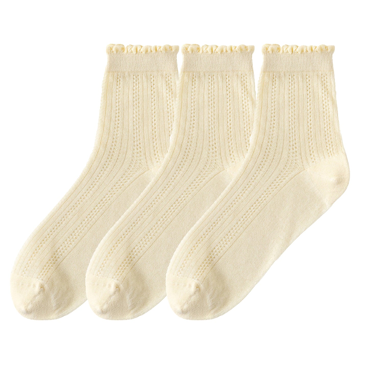 Anna-Kaci 3 Pairs Women's Ruffle Trim Crew Socks Soft Cotton Knit Lightweight Ribbed Texture with Scalloped Edge for Everyday Wear