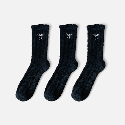 Anna-Kaci Women's 3-Pack Fuzzy Crew Socks with Embroidered Bow Detail and Soft Plush Texture